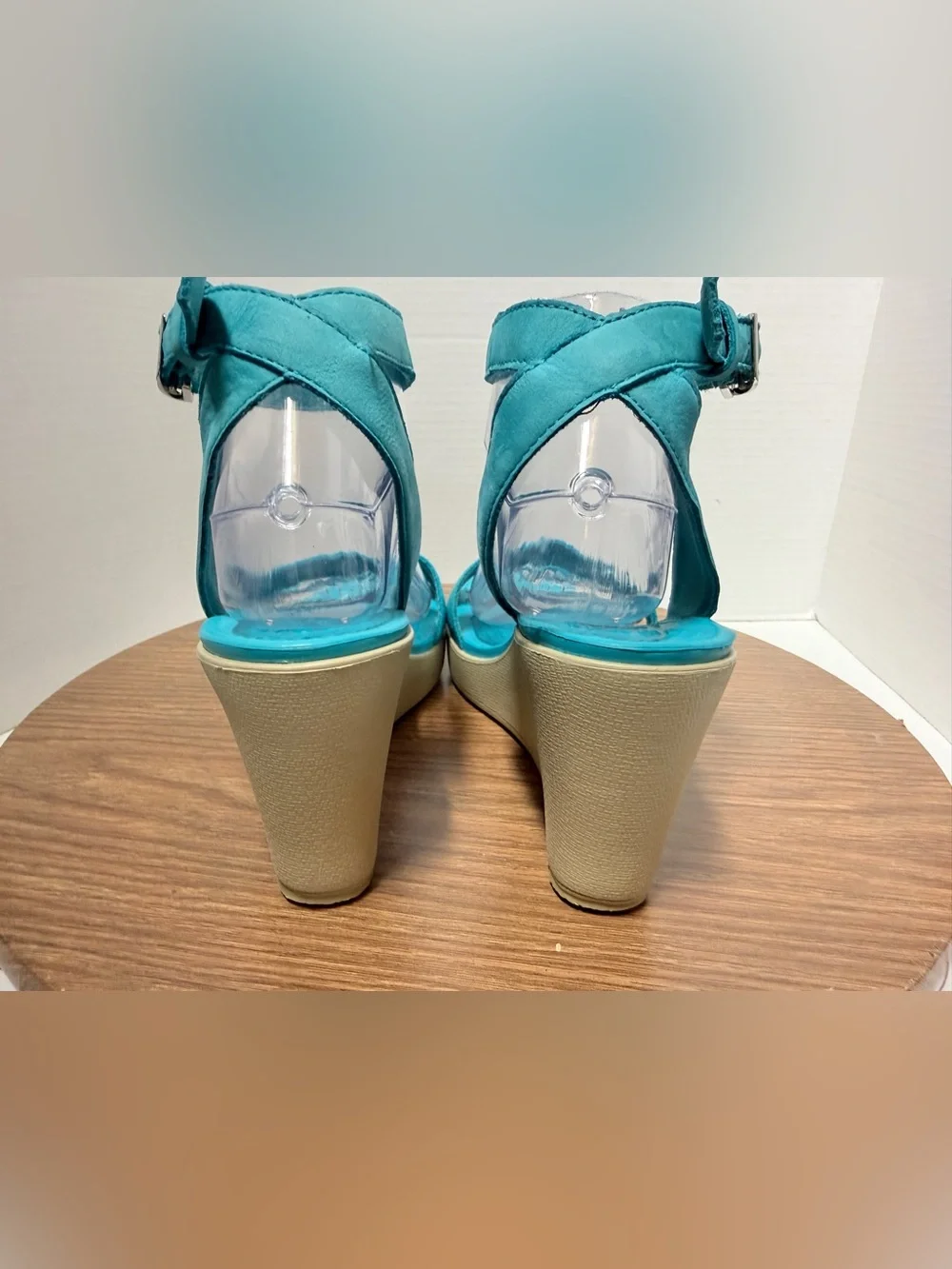 Crocs Leigh II Canvas Ankle Strap Turquoise Teal Wedge Sandals Buckle Closure